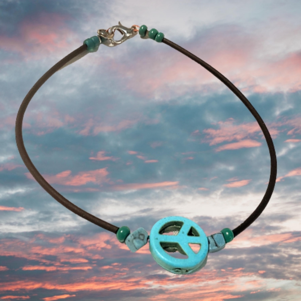 Boho vegan leather turquoise peacesign anklet~Handcrafted by Queen2Bohemian